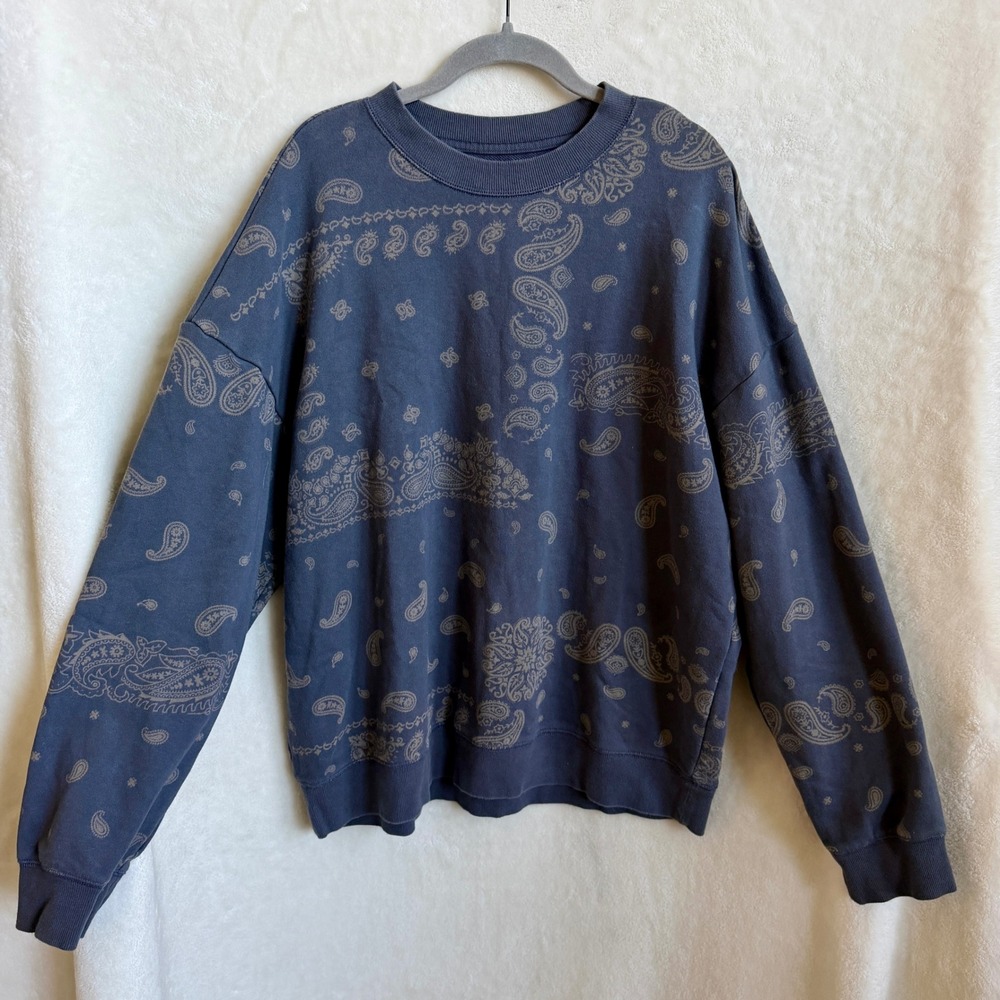 Original Use Mens Navy Gray Allover Bandana Paisley Print Crewneck Sweatshirt L